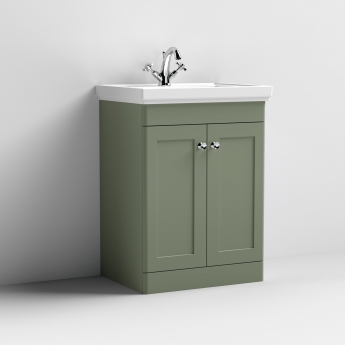 Nuie Classique Floor Standing 2-Door Vanity Unit with Basin 600mm Wide Satin Green - 1 Tap Hole