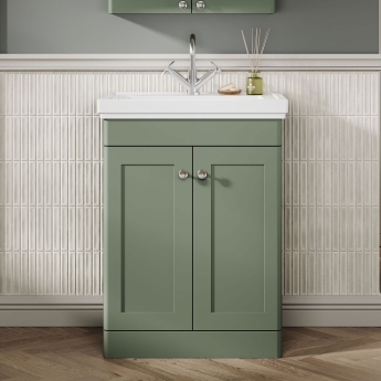Nuie Classique Floor Standing 2-Door Vanity Unit with Basin 600mm Wide Satin Green - 1 Tap Hole | Product Image