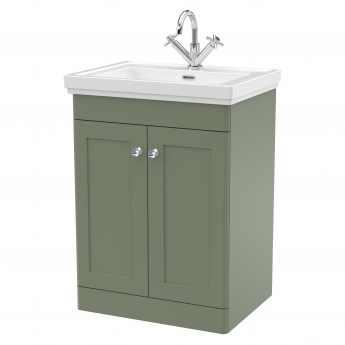 Nuie Classique Floor Standing 2-Door Vanity Unit with Basin 600mm Wide Satin Green - 1 Tap Hole
