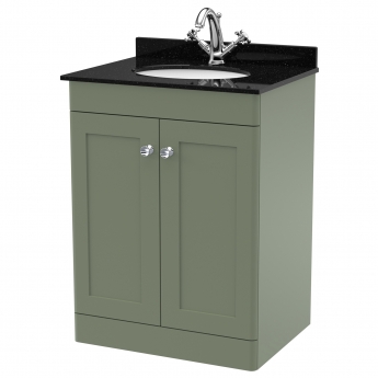 Nuie Classique Floor Standing 2-Door Vanity Unit with 1TH Black Marble Top Basin 600mm Wide - Satin Green