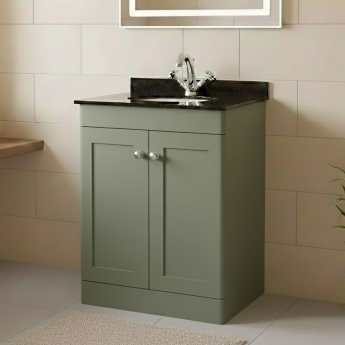 Nuie Classique Floor Standing 2-Door Vanity Unit with 1TH Black Marble Top Basin 600mm Wide - Satin Green