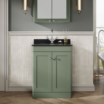 Nuie Classique Floor Standing 2-Door Vanity Unit with 1TH Black Marble Top Basin 600mm Wide - Satin Green | Product Image