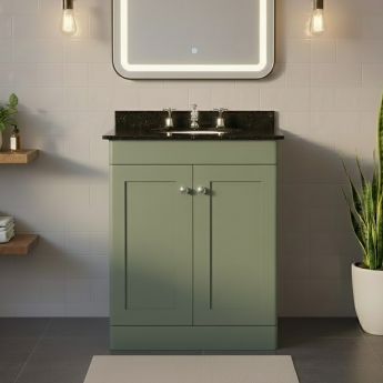 Nuie Classique Floor Standing 2-Door Vanity Unit with 3TH Black Marble Top Basin 600mm Wide - Satin Green