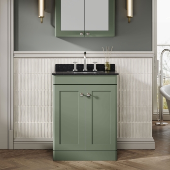 Nuie Classique Floor Standing 2-Door Vanity Unit with 3TH Black Marble Top Basin 600mm Wide - Satin Green | Product Image