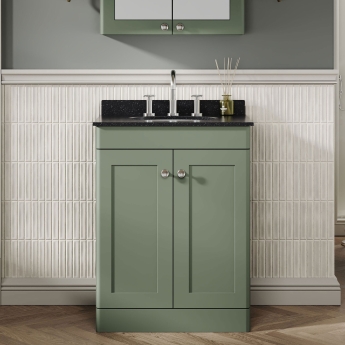 Nuie Classique Floor Standing 2-Door Vanity Unit with 3TH Black Marble Top Basin 600mm Wide - Satin Green | Product Image