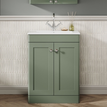 Nuie Classique Floor Standing 2-Door Vanity Unit with 1TH Minimalist Basin 600mm Wide - Satin Green | Product Image
