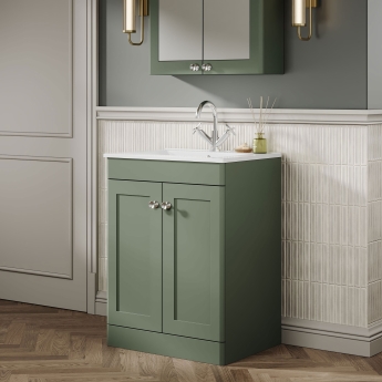 Nuie Classique Floor Standing 2-Door Vanity Unit with 1TH Minimalist Basin 600mm Wide - Satin Green | Product Image