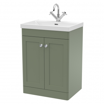 Nuie Classique Floor Standing 2-Door Vanity Unit with 1TH Thin-Edge Basin 600mm Wide - Satin Green | Product Image