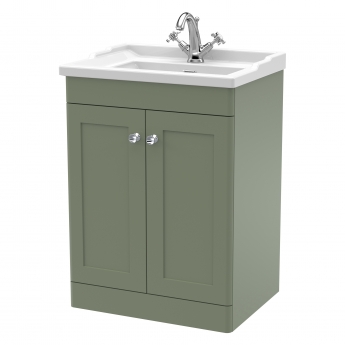 Nuie Classique Floor Standing 2-Door Vanity Unit with Traditional Basin 600mm Wide Satin Green - 1 Tap Hole