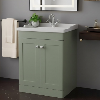 Nuie Classique Floor Standing 2-Door Vanity Unit with Traditional Basin 600mm Wide Satin Green - 1 Tap Hole