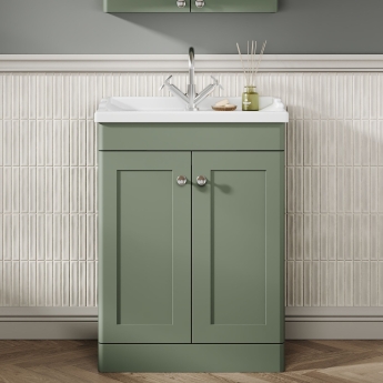 Nuie Classique Floor Standing 2-Door Vanity Unit with Traditional Basin 600mm Wide Satin Green - 1 Tap Hole | Product Image