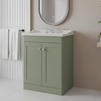 Nuie Classique Floor Standing 2-Door Vanity Unit with Traditional Basin 600mm Wide Satin Green - 3 Tap Hole