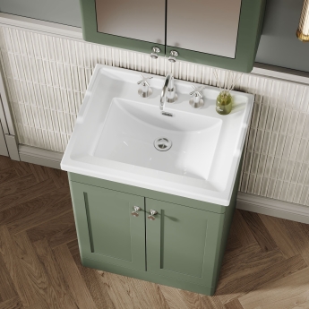 Nuie Classique Floor Standing 2-Door Vanity Unit with Traditional Basin 600mm Wide Satin Green - 3 Tap Hole | Product Image