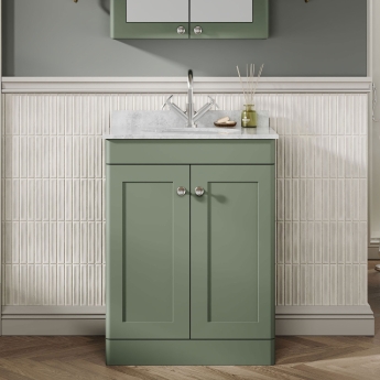 Nuie Classique Floor Standing 2-Door Vanity Unit with 1TH Grey Marble Top Basin 600mm Wide - Satin Green | Product Image