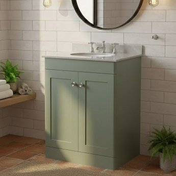Nuie Classique Floor Standing 2-Door Vanity Unit with 3TH Grey Marble Top Basin 600mm Wide - Satin Green