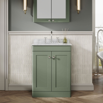 Nuie Classique Floor Standing 2-Door Vanity Unit with 3TH Grey Marble Top Basin 600mm Wide - Satin Green | Product Image