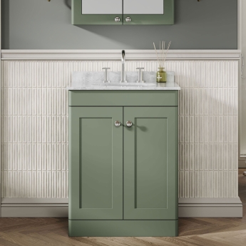 Nuie Classique Floor Standing 2-Door Vanity Unit with 3TH Grey Marble Top Basin 600mm Wide - Satin Green | Product Image