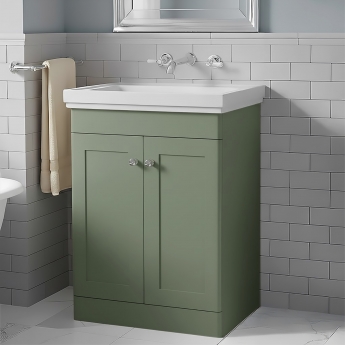Nuie Classique Floor Standing 2-Door Vanity Unit with Classic Basin 600mm Wide Satin Green - 0 Tap Hole