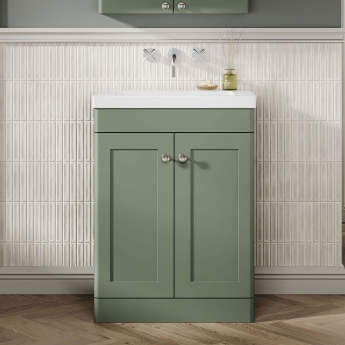 Nuie Classique Floor Standing 2-Door Vanity Unit with 0TH Contemporary Basin 600mm Wide - Satin Green | Product Image