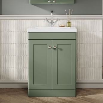 Nuie Classique Floor Standing 2-Door Vanity Unit with 1TH Contemporary Basin 600mm Wide - Satin Green | Product Image