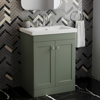 Nuie Classique Floor Standing 2-Door Vanity Unit with 3TH Contemporary Basin 600mm Wide - Satin Green