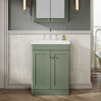 Nuie Classique Floor Standing 2-Door Vanity Unit with 3TH Contemporary Basin 600mm Wide - Satin Green | Product Image