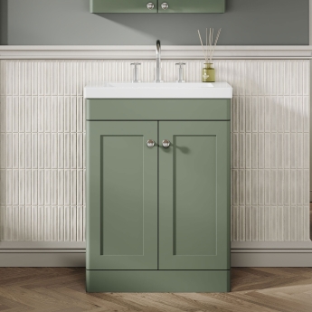 Nuie Classique Floor Standing 2-Door Vanity Unit with 3TH Contemporary Basin 600mm Wide - Satin Green | Product Image