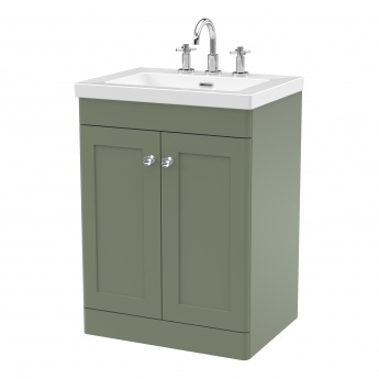 Nuie Classique Floor Standing 2-Door Vanity Unit with 3TH Contemporary Basin 600mm Wide - Satin Green