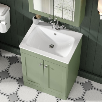 Nuie Classique Floor Standing 2-Door Vanity Unit with 1TH Mineral Cast Resin Basin 600mm Wide - Satin Green | Product Image
