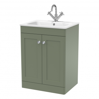 Nuie Classique Floor Standing 2-Door Vanity Unit with 1TH Mineral Cast Resin Basin 600mm Wide - Satin Green | Product Image
