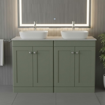 Nuie Classique Floor Standing 4-Door Vanity Unit with White Marble Worktop 1200mm Wide - Satin Green
