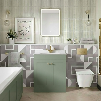 Nuie Classique Floor Standing 2-Door Vanity Unit with 1TH White Round Marble Top Basin 600mm Wide - Satin Green