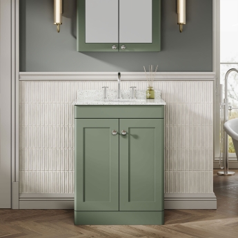 Nuie Classique Floor Standing 2-Door Vanity Unit with 3TH White Round Marble Top Basin 600mm Wide - Satin Green | Product Image