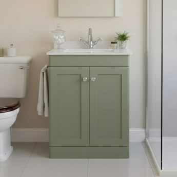 Nuie Classique Floor Standing 2-Door Vanity Unit with 1TH White Square Marble Top Basin 600mm Wide - Satin Green
