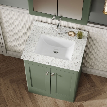 Nuie Classique Floor Standing 2-Door Vanity Unit with 1TH White Square Marble Top Basin 600mm Wide - Satin Green | Product Image