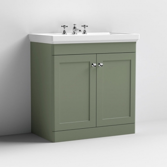Nuie Classique Floor Standing 2-Door Vanity Unit with Basin 800mm Wide Satin Green - 3 Tap Hole