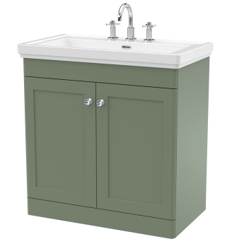Nuie Classique Floor Standing 2-Door Vanity Unit with Basin 800mm Wide Satin Green - 3 Tap Hole | Product Image