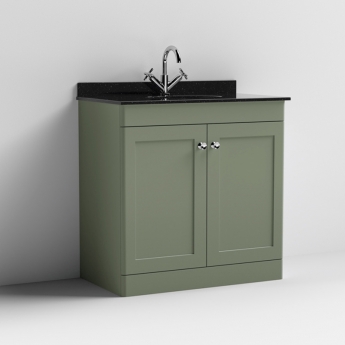 Nuie Classique Floor Standing 2-Door Vanity Unit with 1TH Black Marble Top Basin 800mm Wide - Satin Green