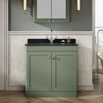 Nuie Classique Floor Standing 2-Door Vanity Unit with 1TH Black Marble Top Basin 800mm Wide - Satin Green | Product Image