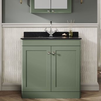 Nuie Classique Floor Standing 2-Door Vanity Unit with 1TH Black Marble Top Basin 800mm Wide - Satin Green | Product Image
