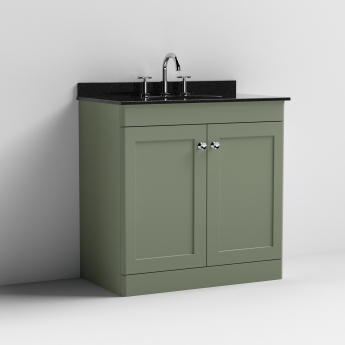Nuie Classique Floor Standing 2-Door Vanity Unit with 3TH Black Marble Top Basin 800mm Wide - Satin Green