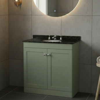 Nuie Classique Floor Standing 2-Door Vanity Unit with 3TH Black Marble Top Basin 800mm Wide - Satin Green