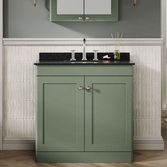 Nuie Classique Floor Standing 2-Door Vanity Unit with 3TH Black Marble Top Basin 800mm Wide - Satin Green | Product Image