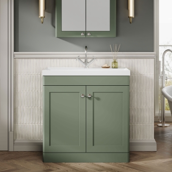 Nuie Classique Floor Standing 2-Door Vanity Unit with 1TH Thin-Edge Basin 800mm Wide - Satin Green | Product Image