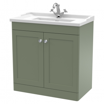 Nuie Classique Floor Standing 2-Door Vanity Unit with Traditional Basin 800mm Wide Satin Green - 1 Tap Hole
