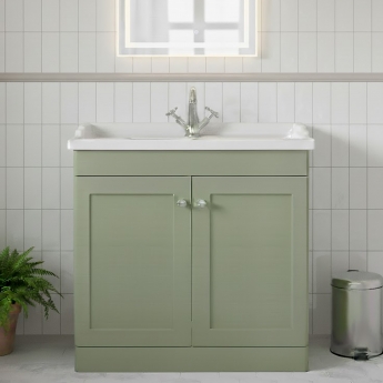 Nuie Classique Floor Standing 2-Door Vanity Unit with Traditional Basin 800mm Wide Satin Green - 1 Tap Hole