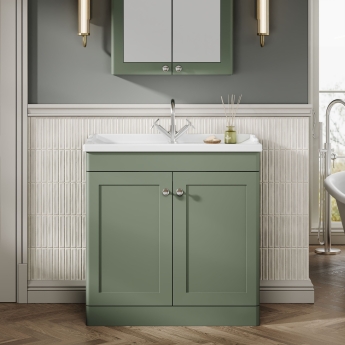 Nuie Classique Floor Standing 2-Door Vanity Unit with Traditional Basin 800mm Wide Satin Green - 1 Tap Hole | Product Image