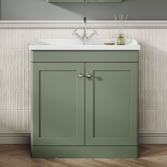 Nuie Classique Floor Standing 2-Door Vanity Unit with Traditional Basin 800mm Wide Satin Green - 1 Tap Hole | Product Image