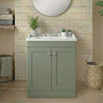 Nuie Classique Floor Standing 2-Door Vanity Unit with Traditional Basin 800mm Wide Satin Green - 3 Tap Hole