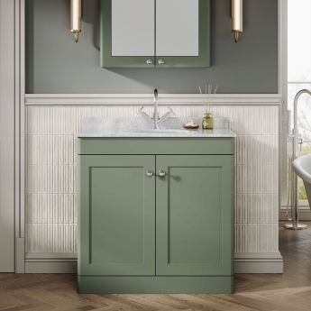 Nuie Classique Floor Standing 2-Door Vanity Unit with 1TH Grey Marble Top Basin 800mm Wide - Satin Green | Product Image